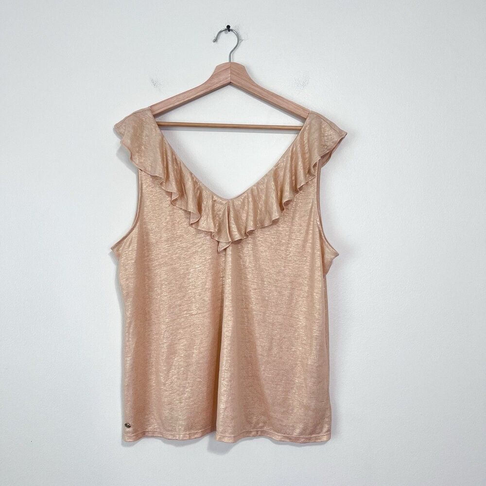 Lilly Pulitzer Alessa Gold Shimmer Linen Ruffle Top XL NWOT Preppy Vacation - Picture 2 of 9